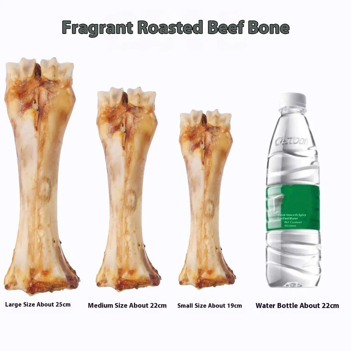 Large, Medium, Small puppy molar rod chew on a white background, roasted ox bone flavour.