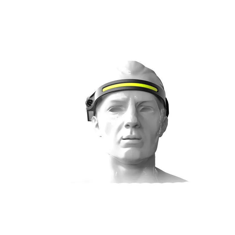Black USB rechargeable headlamp with a wide COB LED lens and a side wave sensor on the headband.