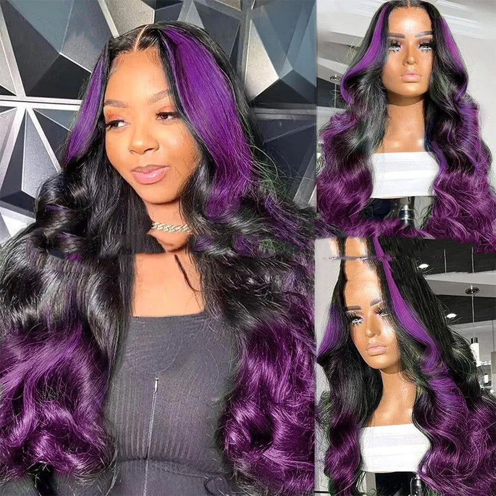 Gradient purple front lace human hair wig with 13x6 lace frontal shown in long lengths.