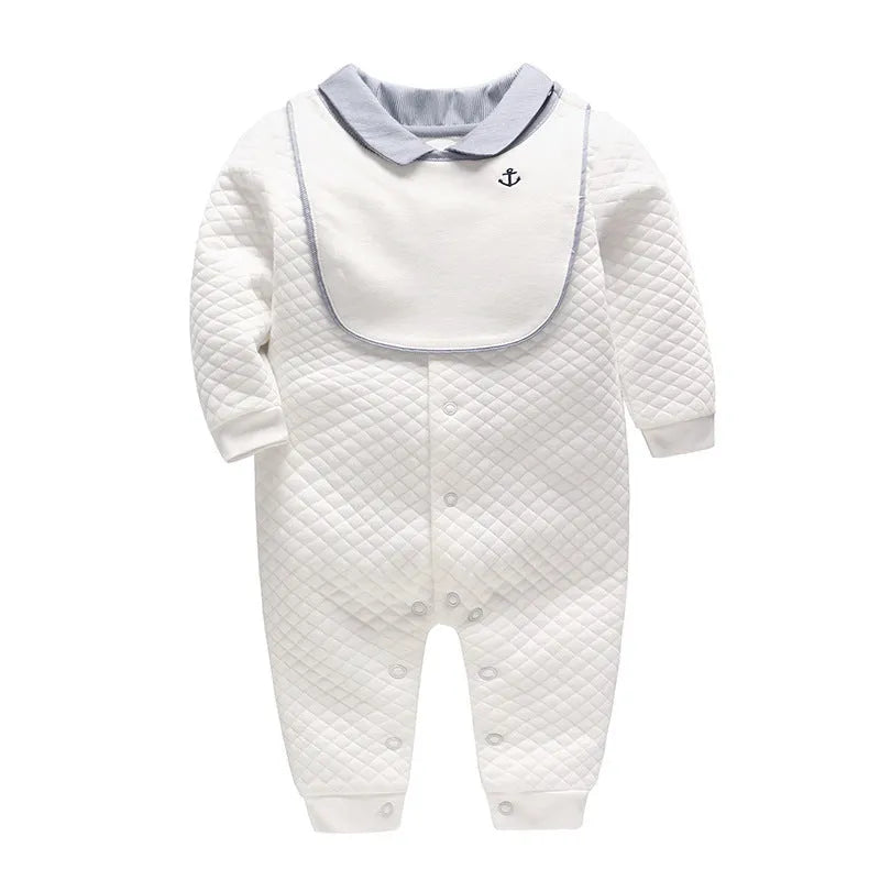 White cotton baby gentleman romper with long sleeves for spring and autumn wear
