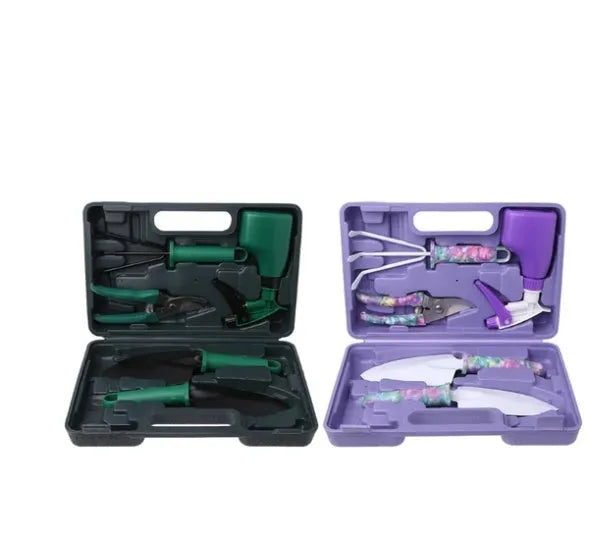 Green camouflage garden tool set in plastic case with stainless steel shovel, rake, scissors, and kettle