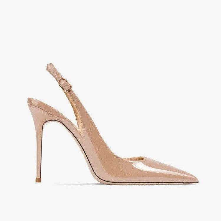 Women's nude soft leather ankle-strap high heels with hollow heel design and button closure