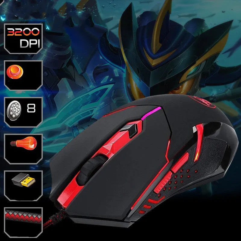Black red USB wired optical gaming mouse with ergonomic design and six programmable keys