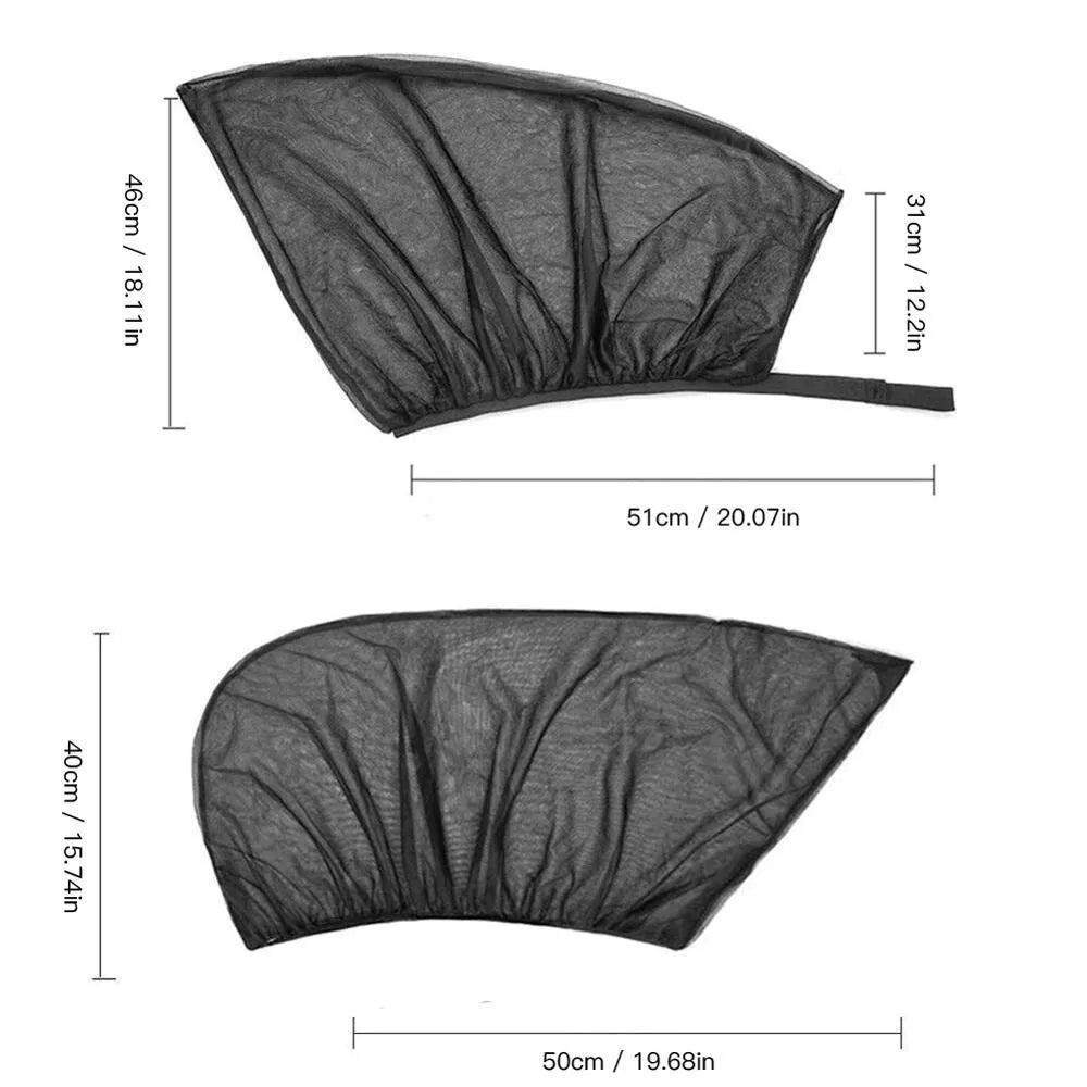 Set of 4 black mesh car window sunshade covers 50x40cm on car window showing breathable fabric UV protection