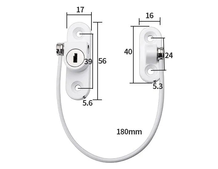 Window security chain lock with 18cm steel cable and aluminium alloy body in white colour