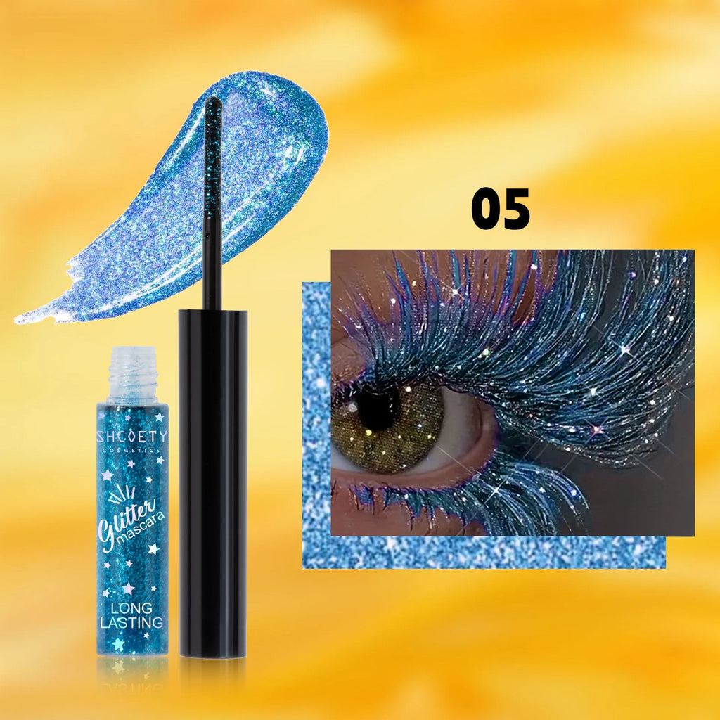 Waterproof colour mascara in five shades including pink, gold, purple, blue, and iron grey with non-smudge formula