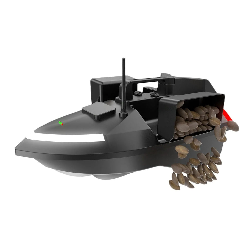 V020 GPS remote control fishing boat in luminous yellow on water, showing remote control with display.