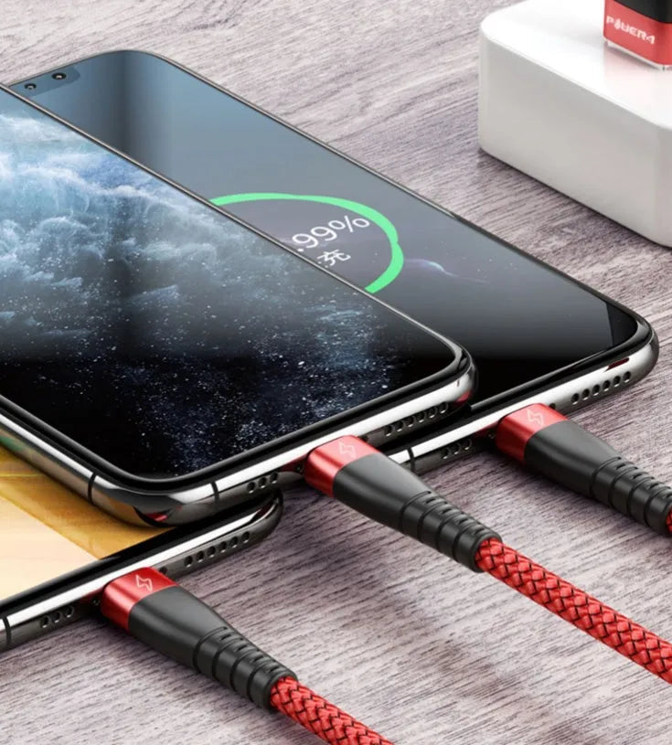 Three-in-one charging cable with nylon braid, aluminium ends, and Android Type-C Apple connectors in red black blue