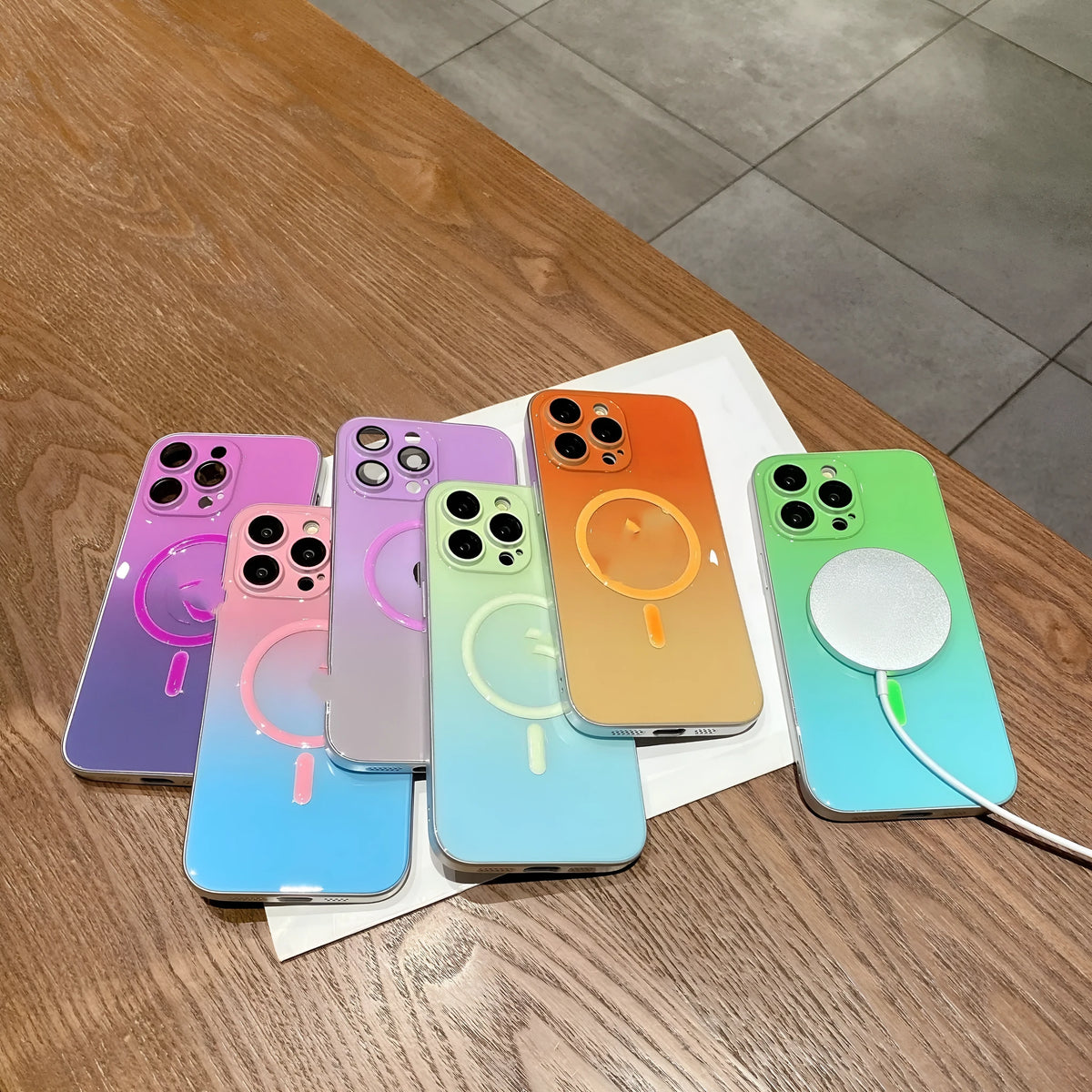 Luminous magnetic suction iPhone case in purple blue gradient, TPU PC, all-inclusive, for iPhone 11-14 Pro Max