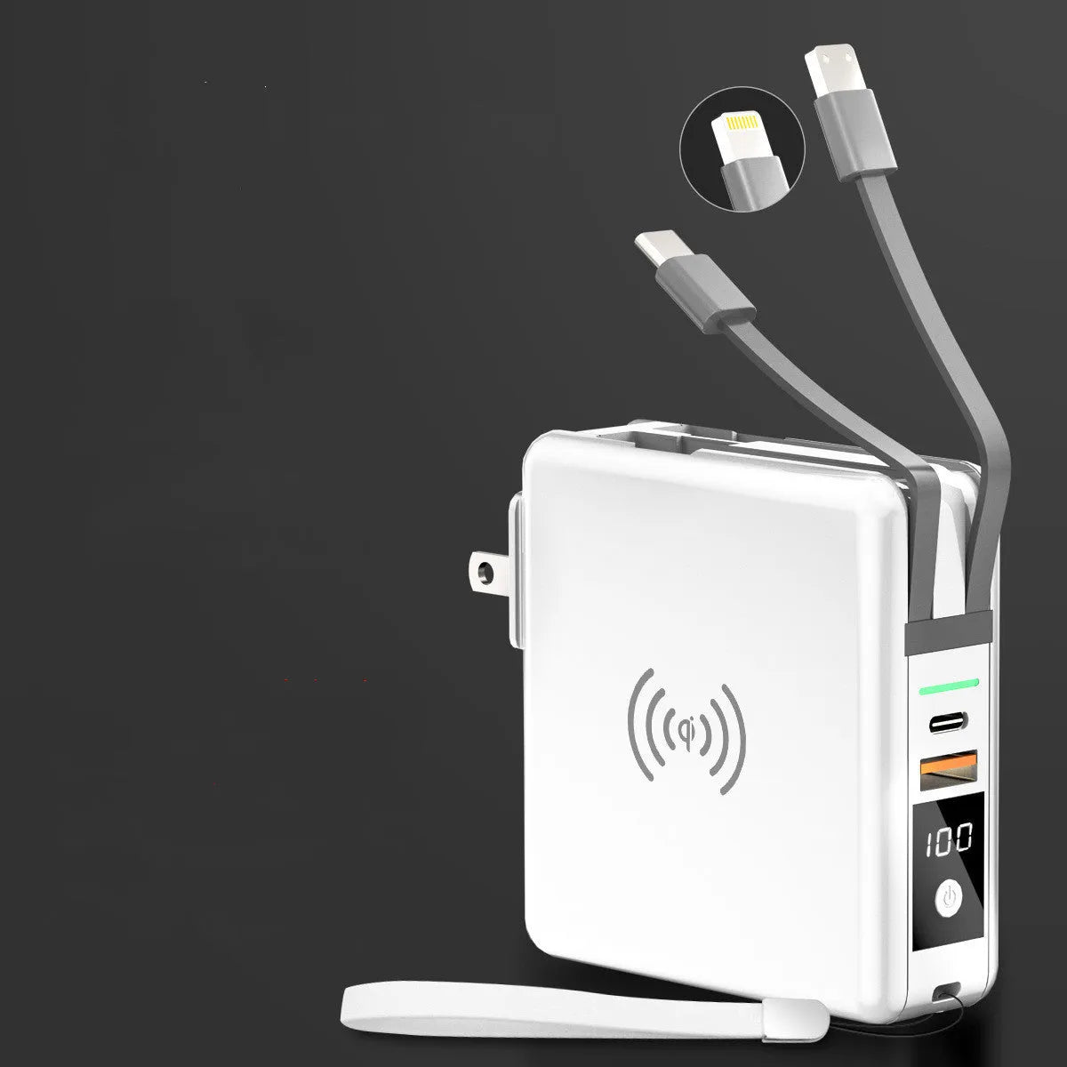 Super QI Power Bank showing fold-out UK, EU, US, and AU plug pins next to a smartphone on its wireless charging surface.