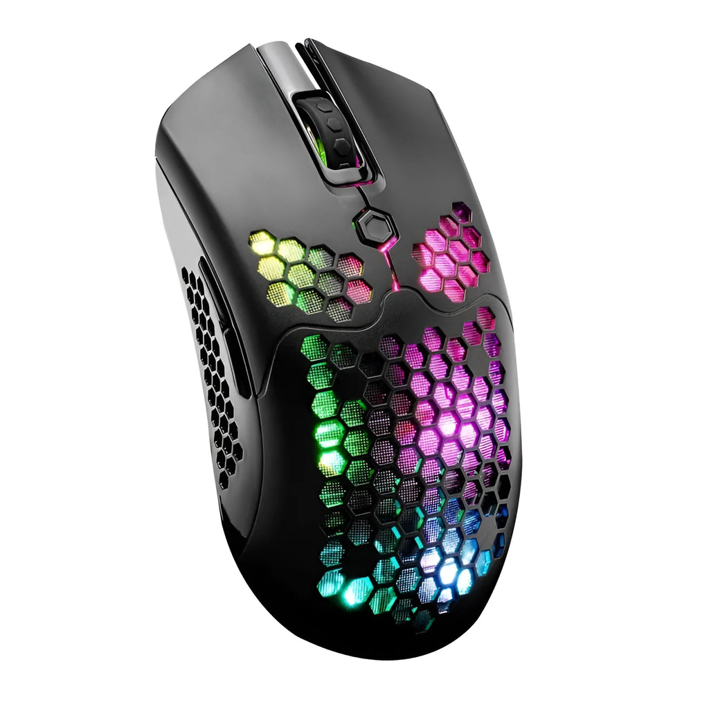 Free Wolf X2 wireless RGB gaming mouse in black on a mouse pad, showing side buttons and USB-C port.