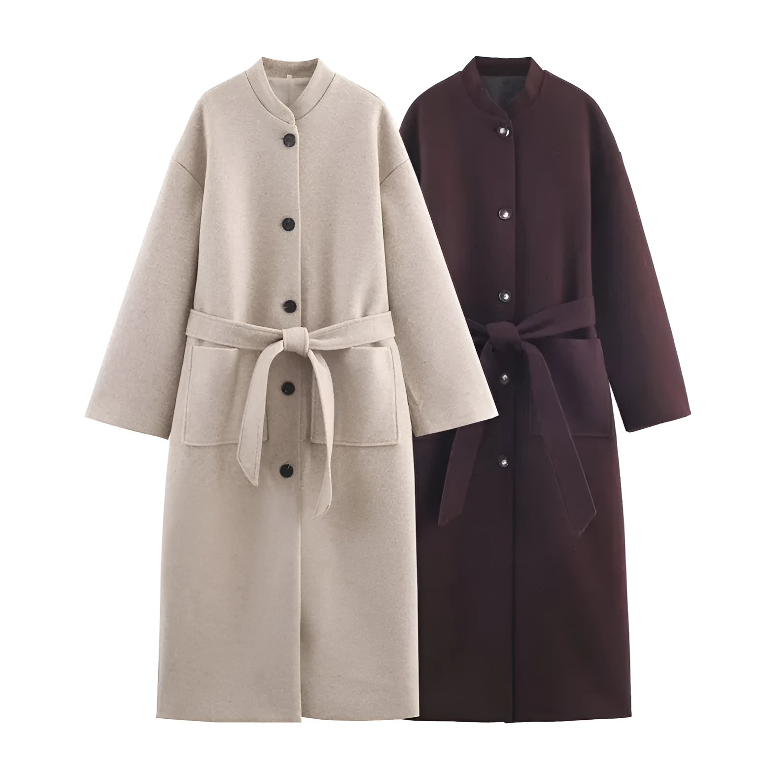 Women's long belted solid colour coat in brown with front pockets, spandex blend, Asian sizes XS to L