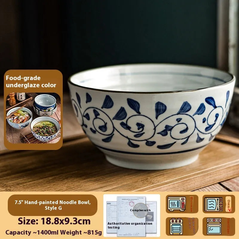Ceramic hand-painted underglaze colour noodle bowl round 6 inch Japanese style retro soup bowl