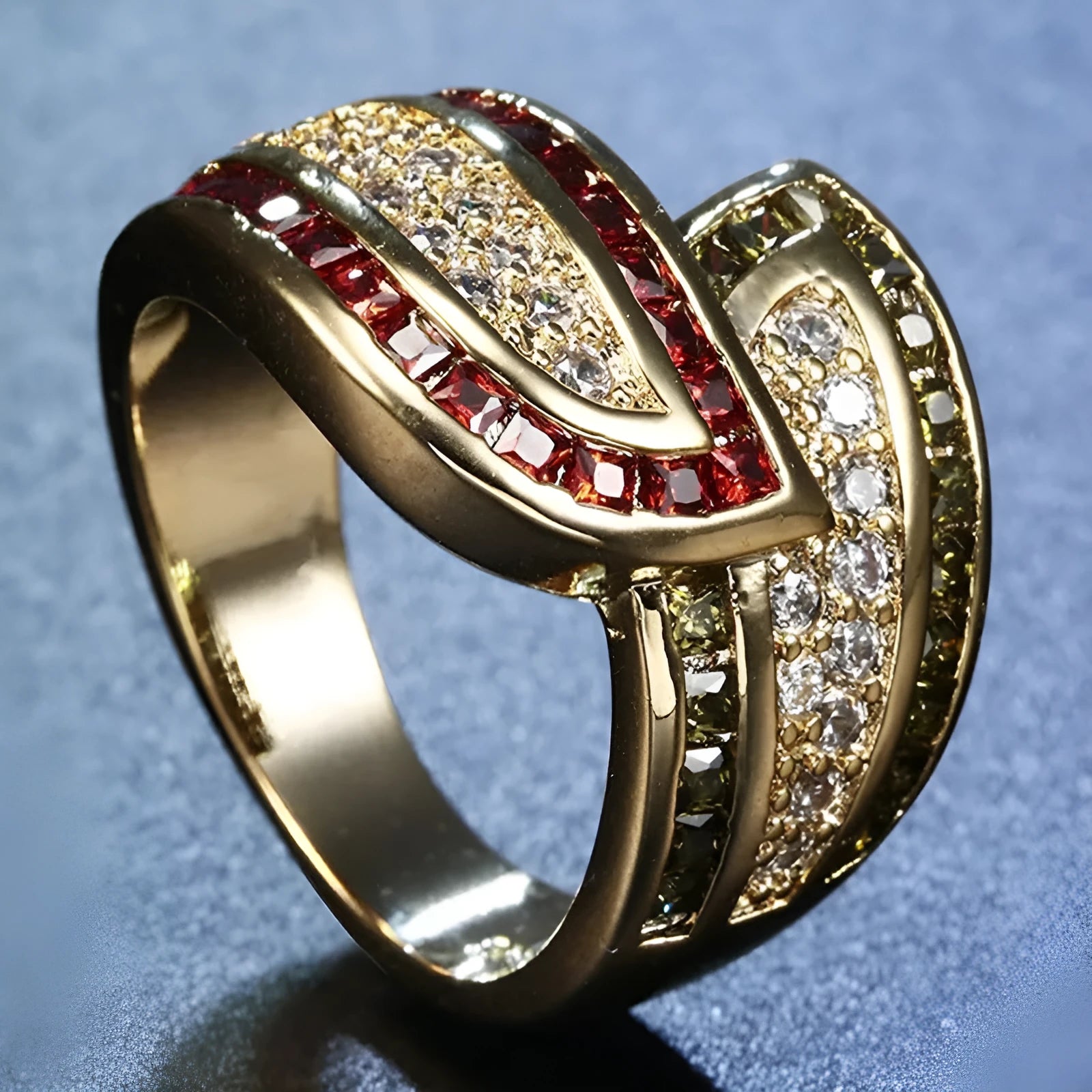 Gold-coloured peridot fashion ring for women on a white background.