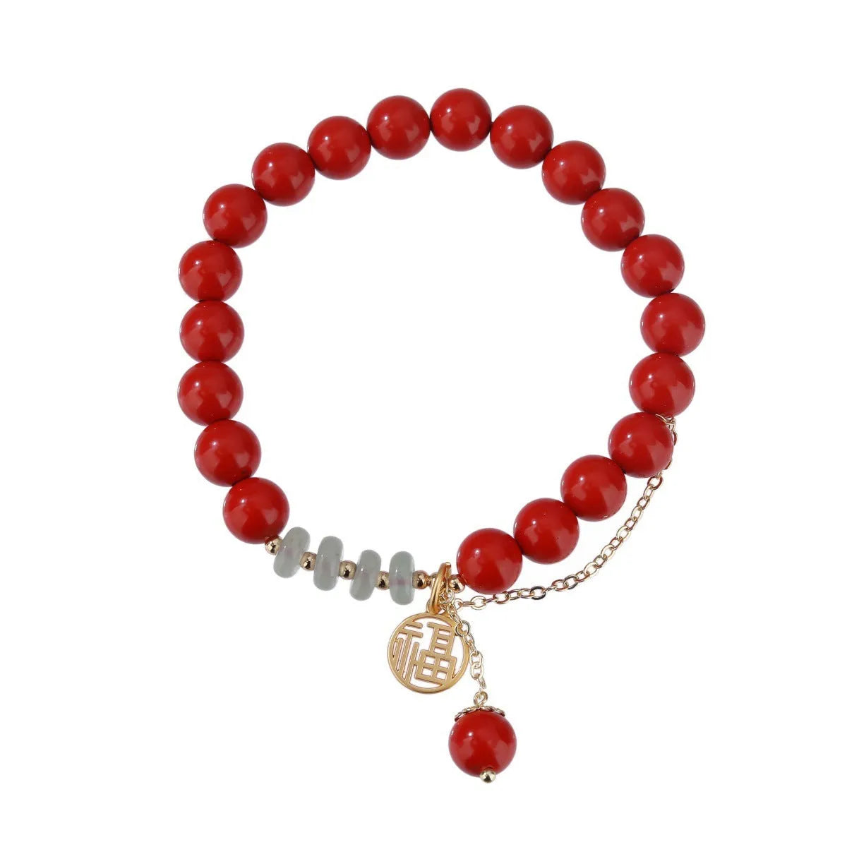 Women's red cinnabar bracelet with fu character charm, jade spacer bead, and tassel design
