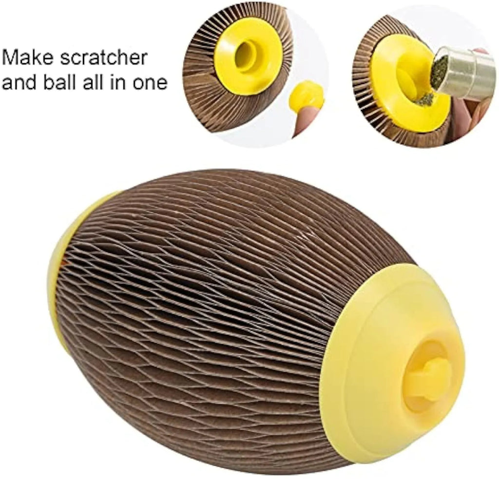 Elliptical catnip scratch football toy made from recycled corrugated paper