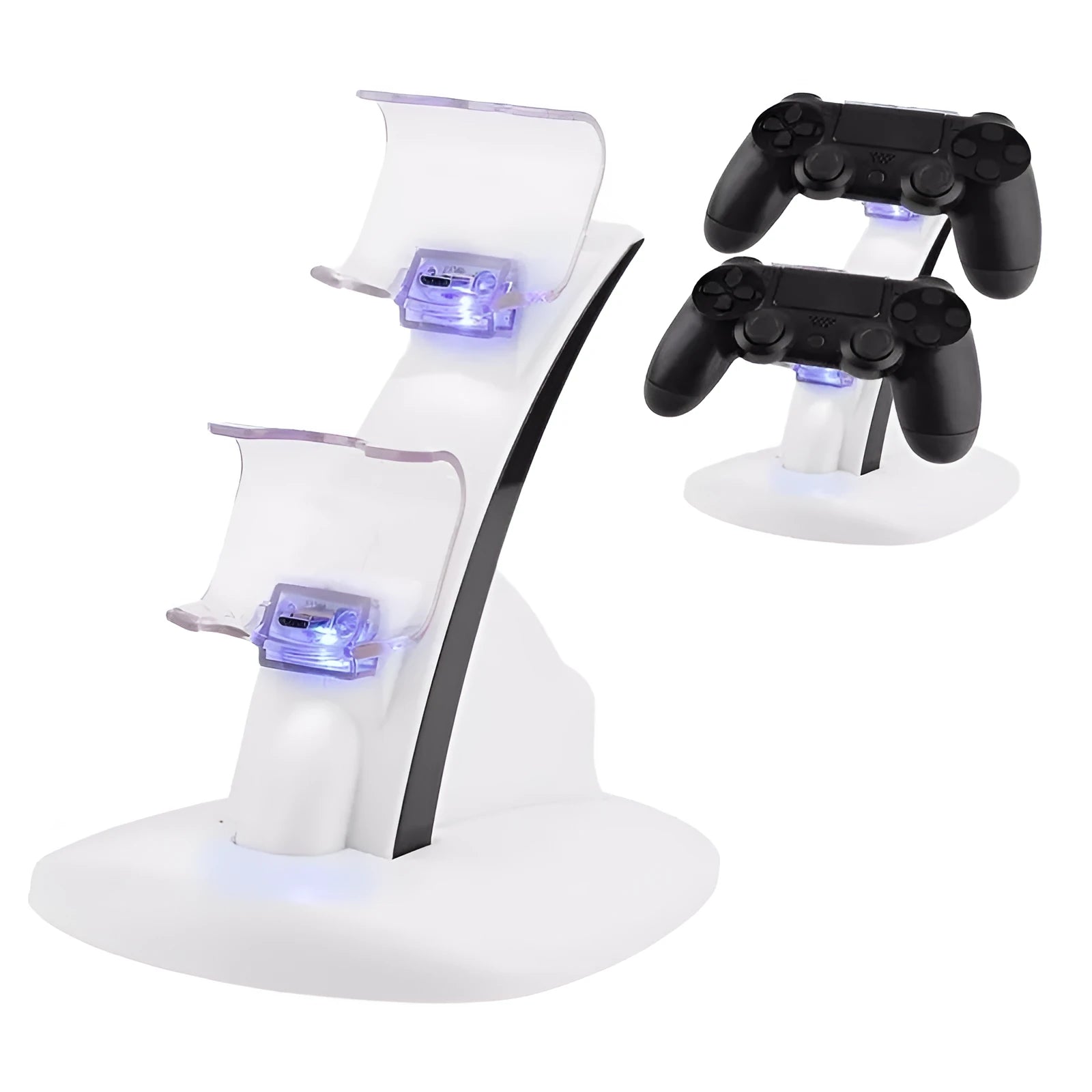 White dual PS4 controller charger with light-up docks showing blue glow and flashing modes