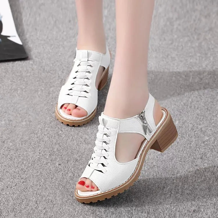 Women's black retro sandals with a side zip ankle strap and beef tendon sole.