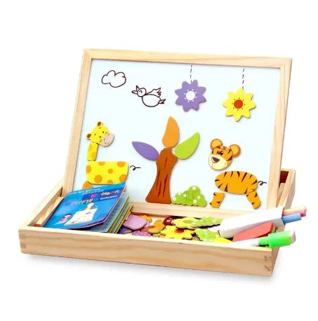 Wooden magnetic puzzle drawing board with animal circus theme pieces for children