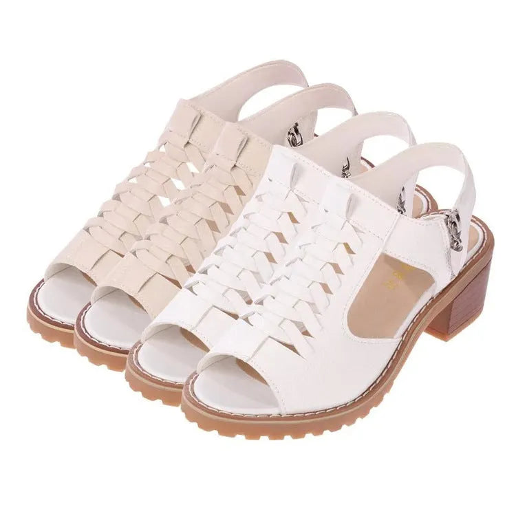 Women's black retro sandals with a side zip ankle strap and beef tendon sole.