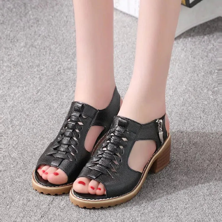 Women's black retro sandals with a side zip ankle strap and beef tendon sole.