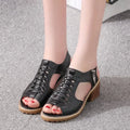 Women's black retro sandals with a side zip ankle strap and beef tendon sole.