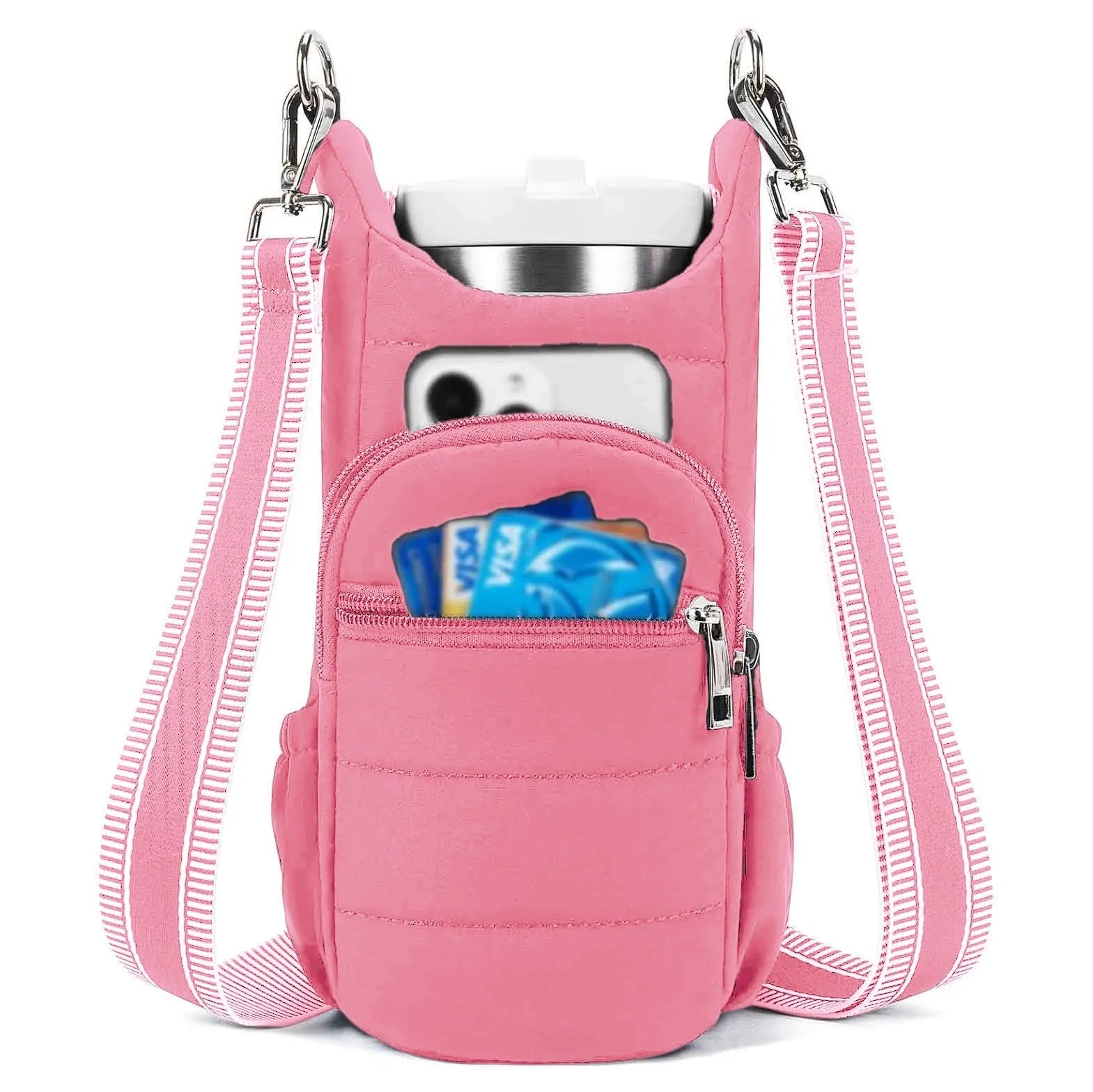 Cloth bicycle water bottle bag in modern minimalist style showing black, pink and beige colour options