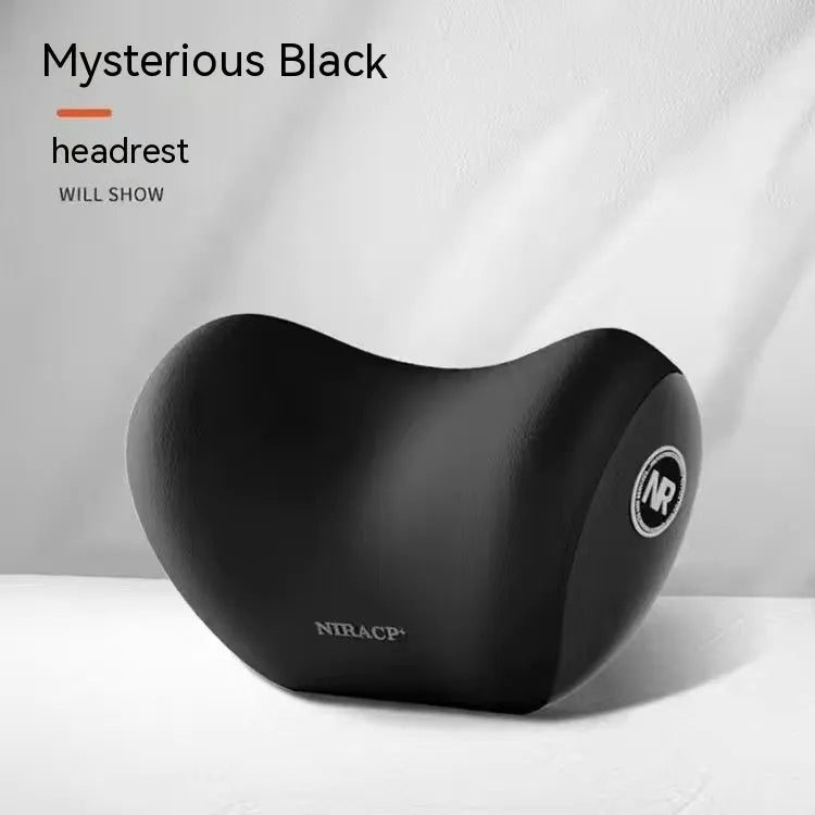 Black memory foam car headrest pillow and matching lumbar support pillow with a milk silk cover.