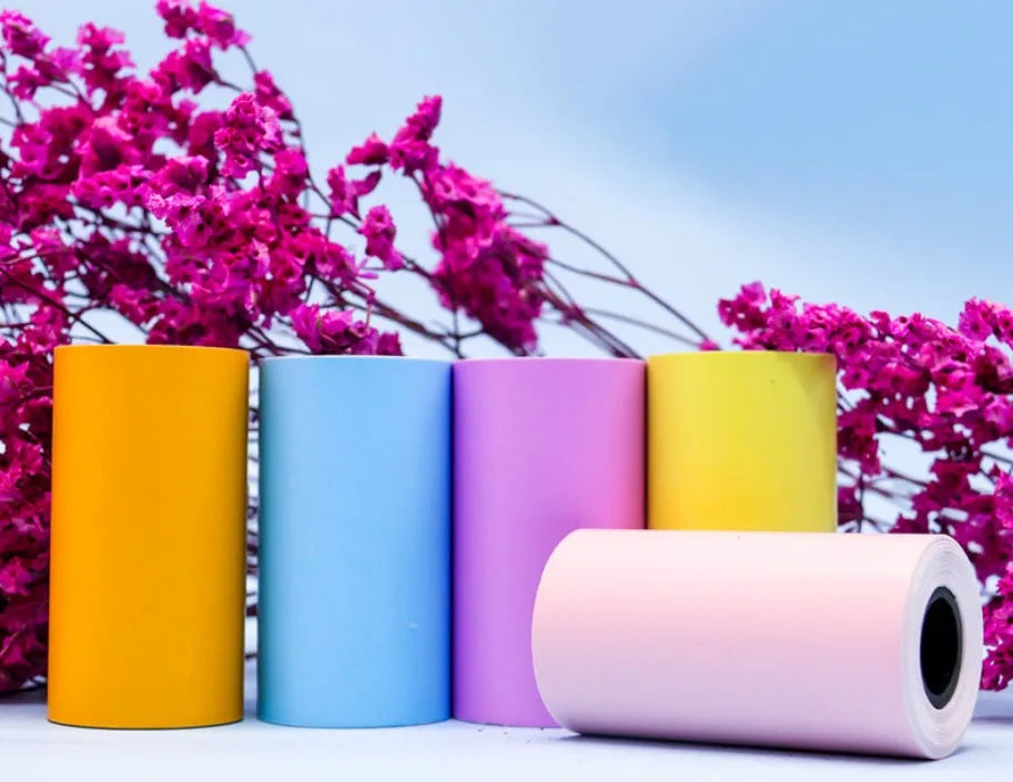 PerPage mini thermal printer paper rolls in regular, sticker, and label types with blue, pink, white, violet, and yellow options