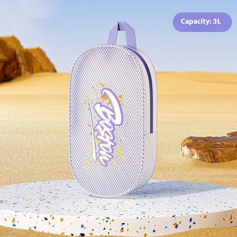 Waterproof EVA swimming storage bag in orange colour showing 3-litre and 7-litre size options.
