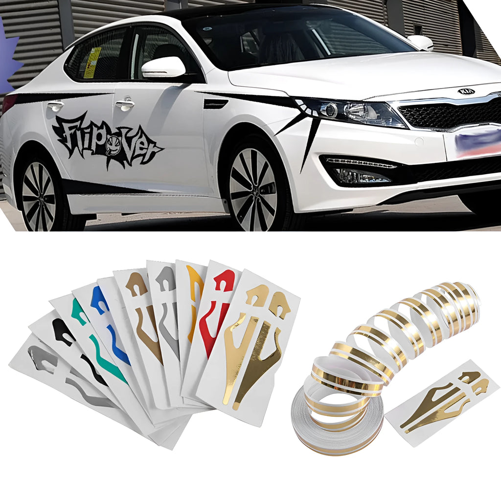 Self-adhesive line body sticker roll, 12 mm x 9.80 m, latte style, for waistline and hood, in black blue green laser gold.