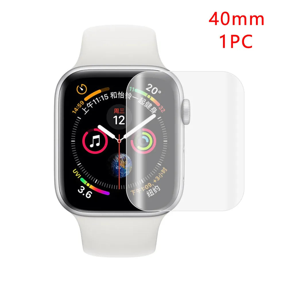 Full coverage hydrogel screen protector film for Apple Watch Series 4 and Series 3 models.