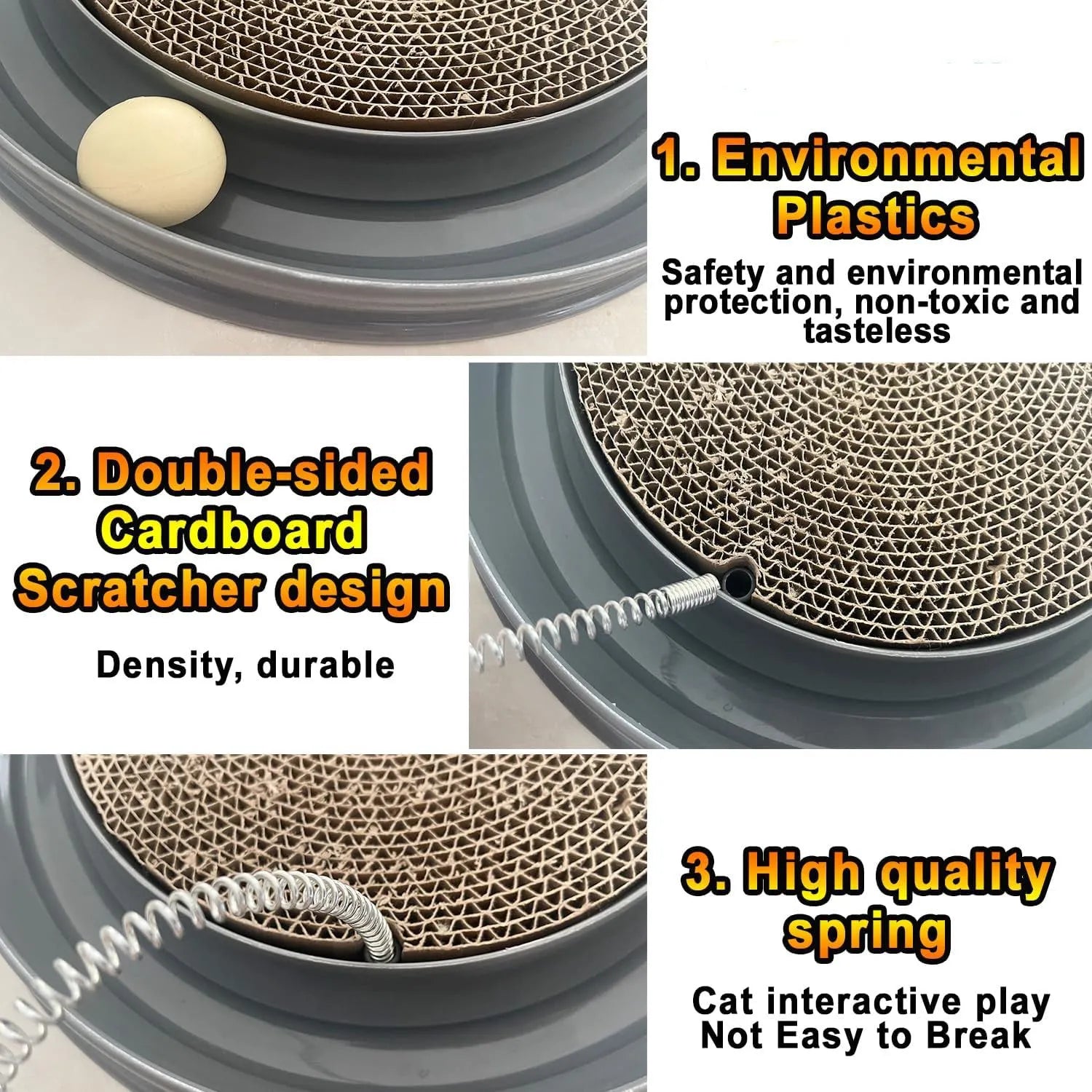 Round blue cat scratcher with track ball and mouse swatter attachment