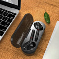 Black and white Bluetooth wireless earphones with charging case showing V5.0 technology
