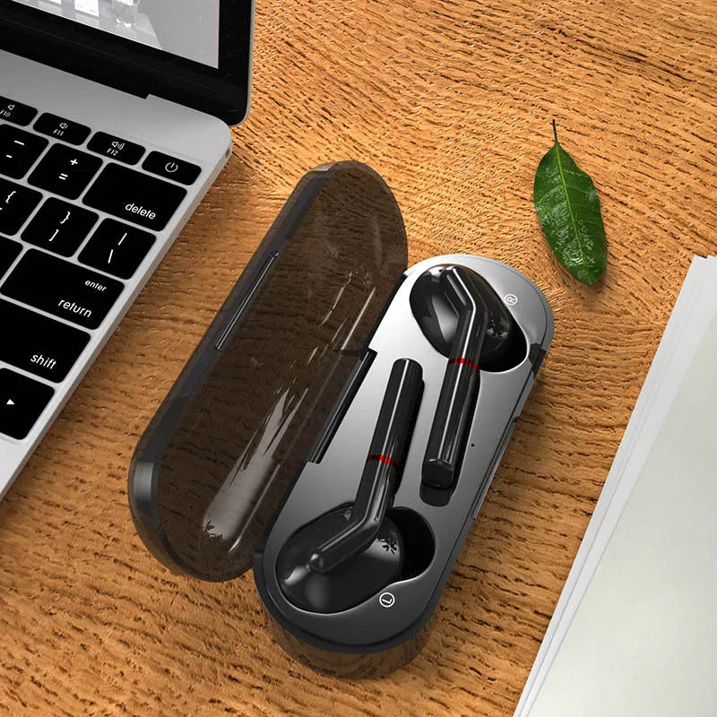 Black and white Bluetooth wireless earphones with charging case showing V5.0 technology