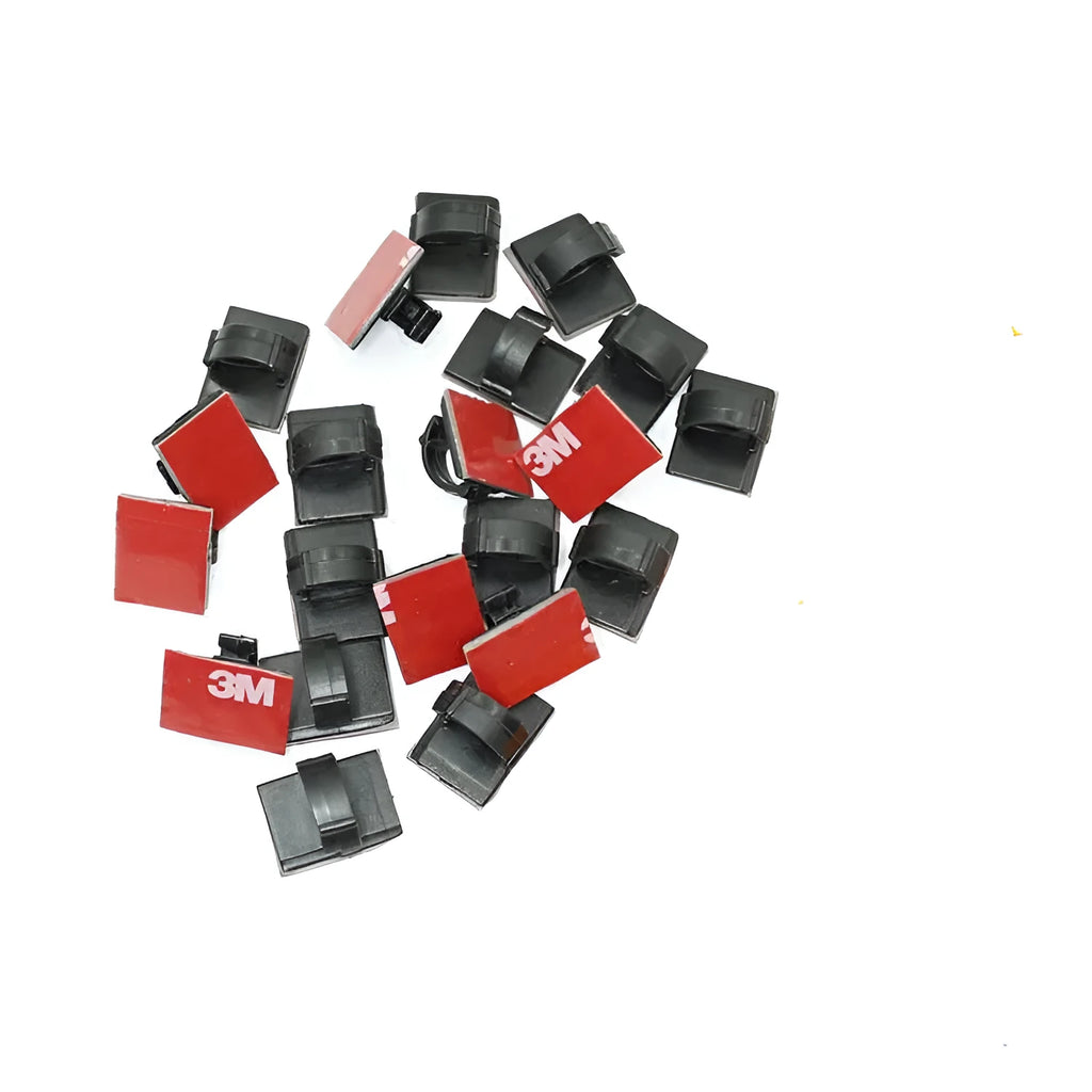Self-adhesive plastic wire clamps for organising car cables in black and white colour options