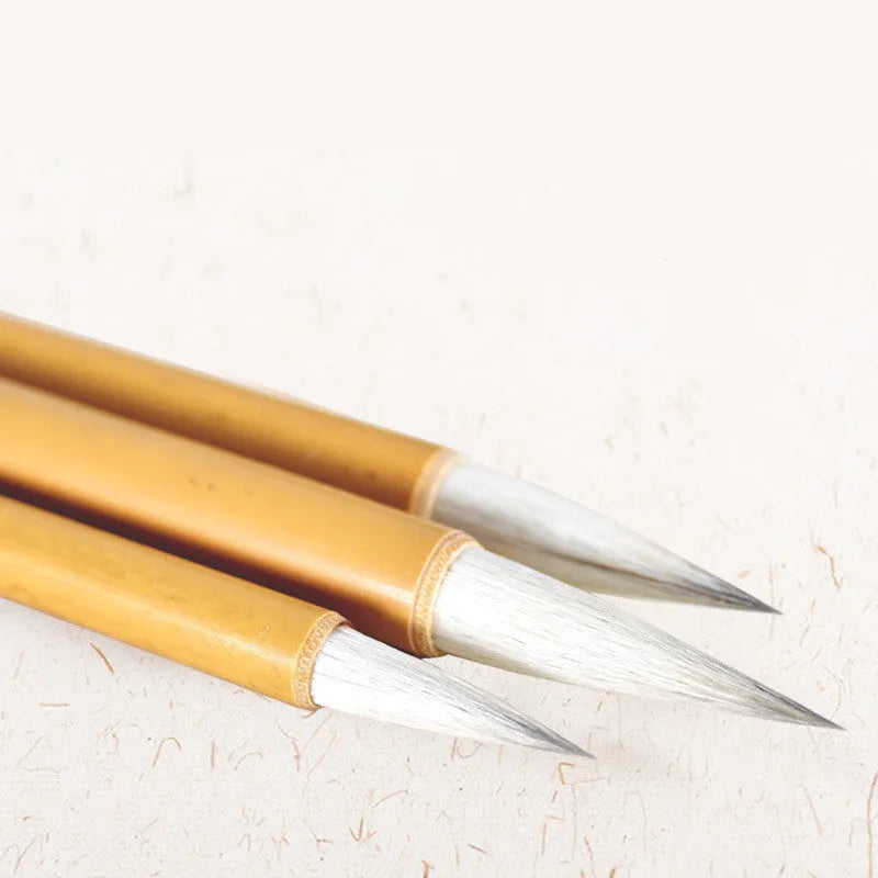 Set of three traditional Chinese white cloud brushes with bamboo handles and Yang Hao Jia Jian nibs