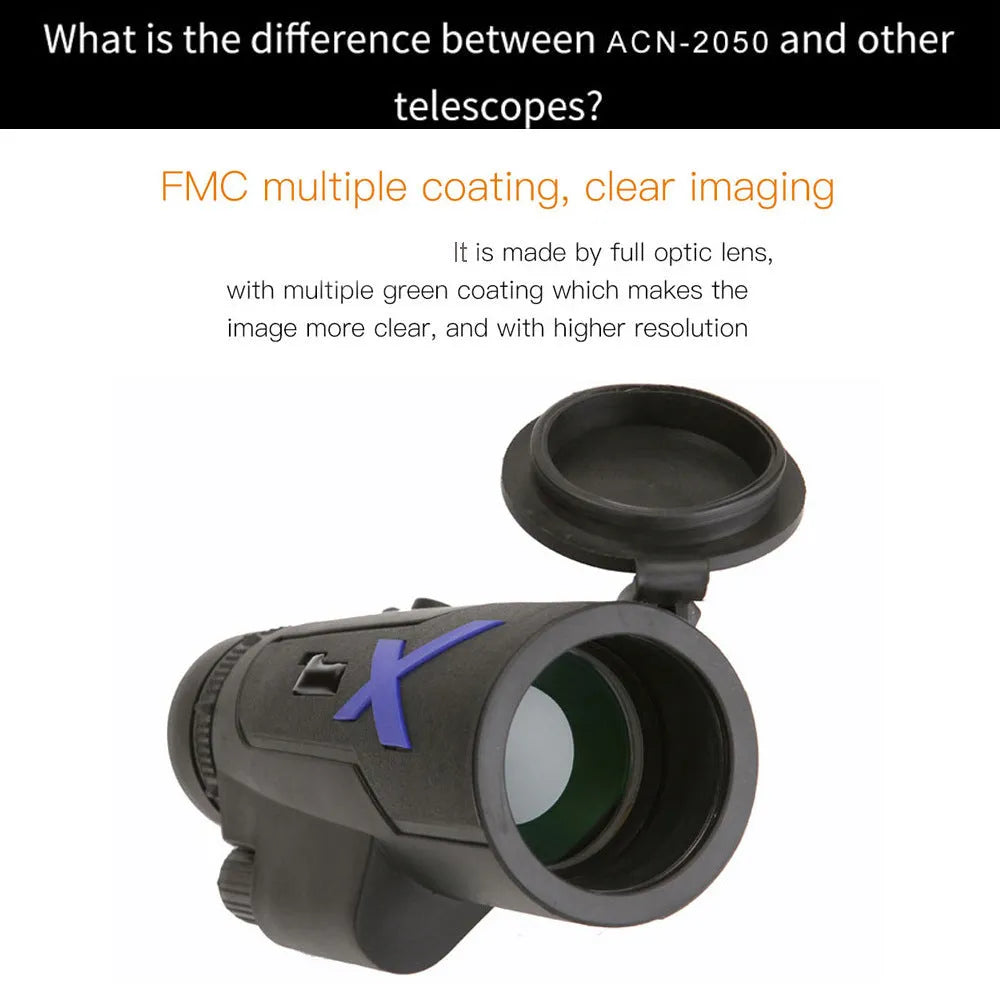 Black monocular telescope with 20x50mm optics and 12x magnification for outdoor observation