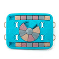Blue interactive dog puzzle toy with four lockable handles, sliding panel and anti-skid base