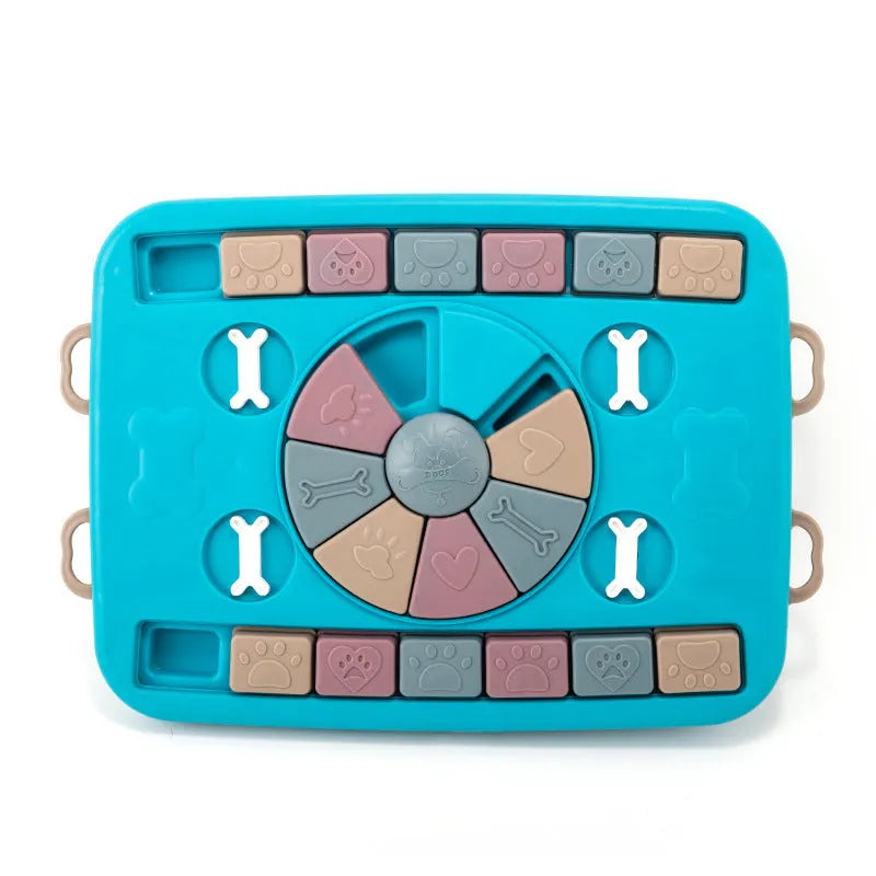 Blue interactive dog puzzle toy with four lockable handles, sliding panel and anti-skid base