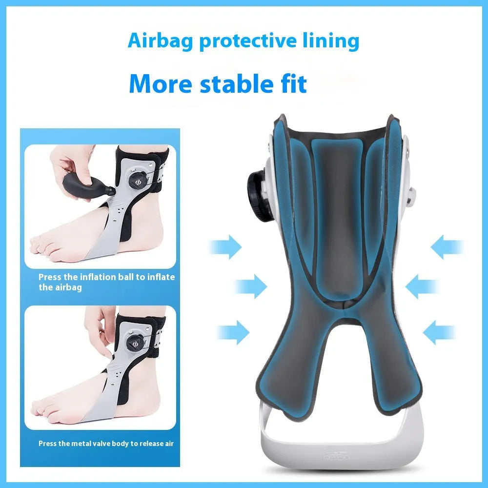 Grey ankle support brace with airbag button fastener shown on a left foot