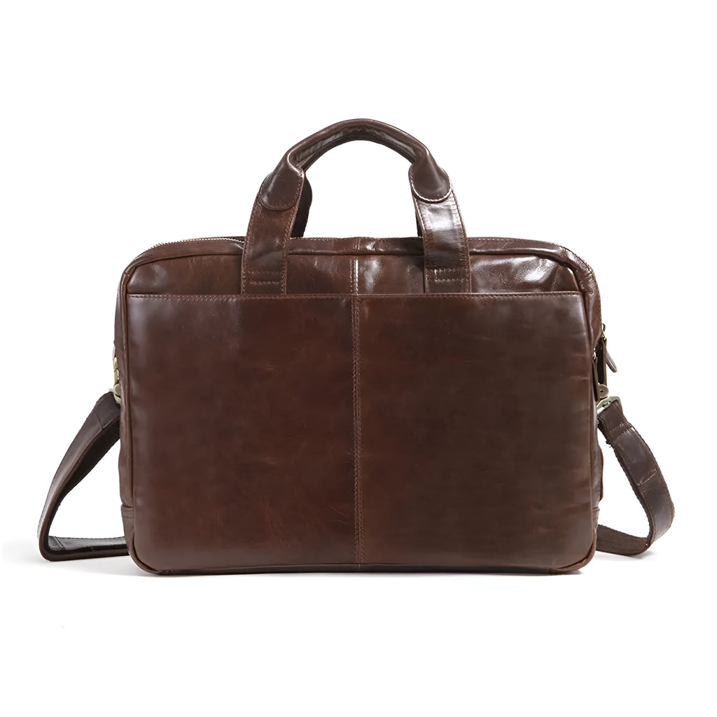 Brown 18-inch men's business briefcase in first layer cowhide leather with computer compartment