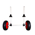Foldable aluminium kayak cart with wide rubber tyres and a platform, shown folded and assembled.