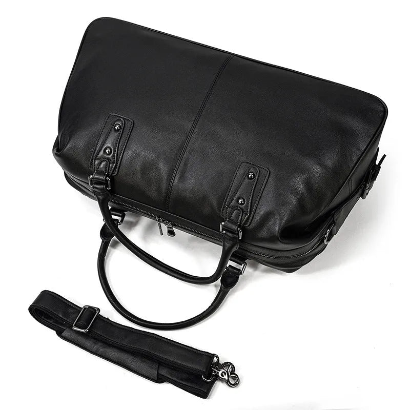 Retro genuine leather men's travel bag in black with large capacity, 50cm x 18cm x 28cm