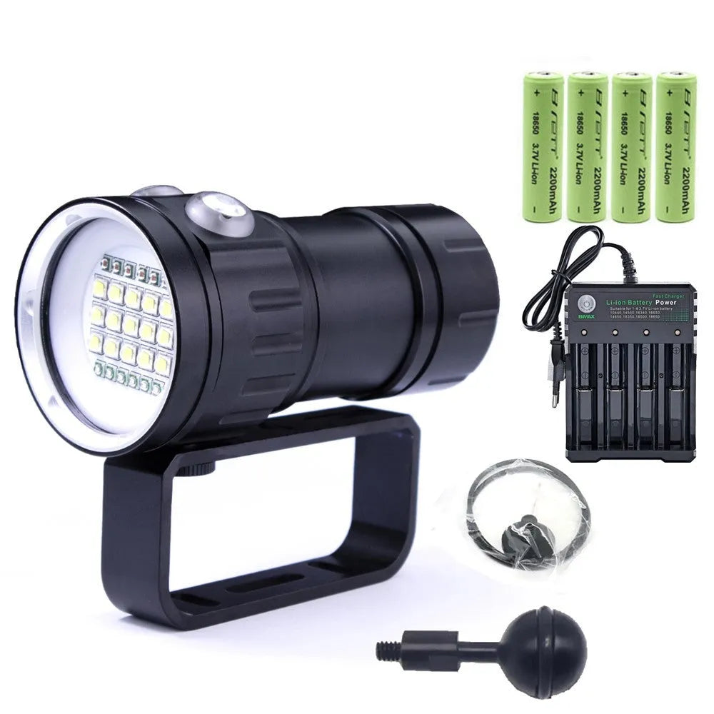 Professional 100W LED diving flashlight with aluminium body, 18650 batteries, handle bracket and ball bracket for underwater photography fill light.