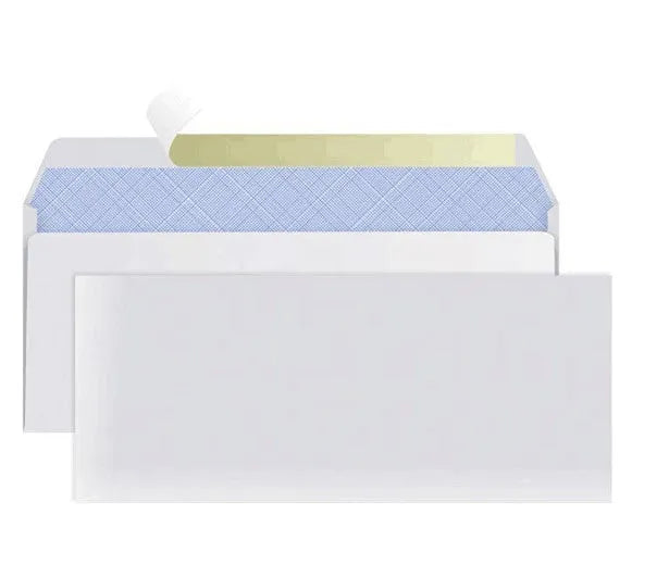 Blue confidential security envelope showing tamper-evident design with self-adhesive flap closure, dimensions 105x240mm