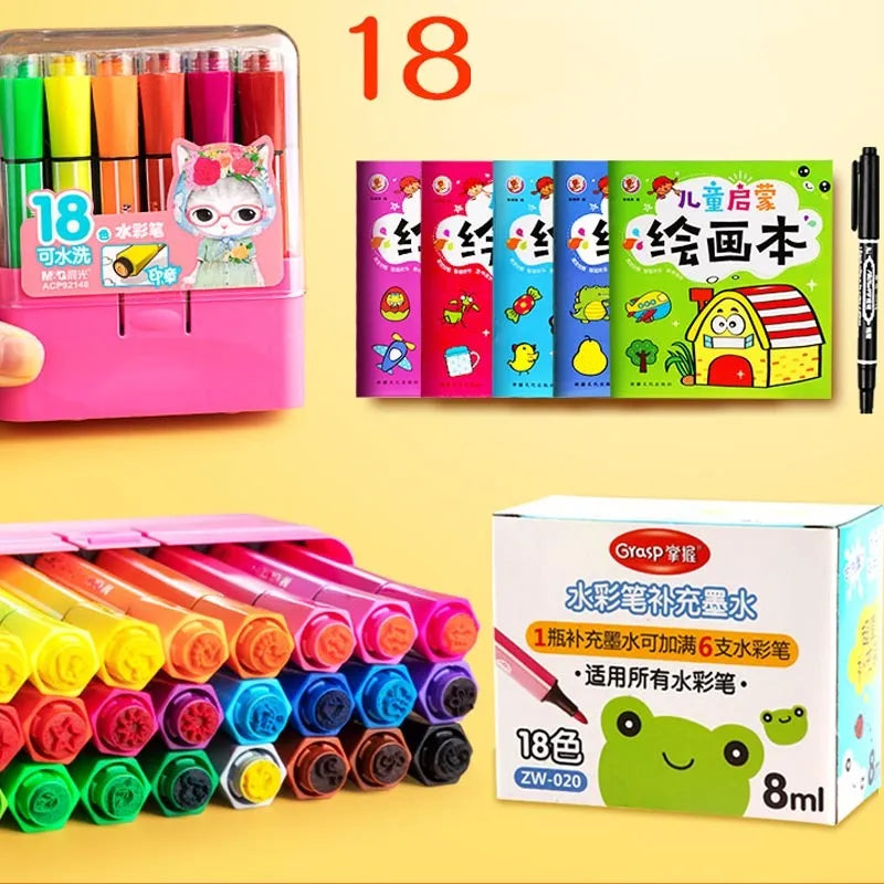 Children's washable painting brushes with hexagonal handles in blue, pink and yellow colours