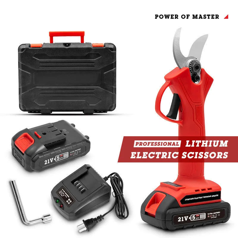 Red rechargeable electric branch shears with lithium battery, 220V US plug, and plastic box set for garden pruning