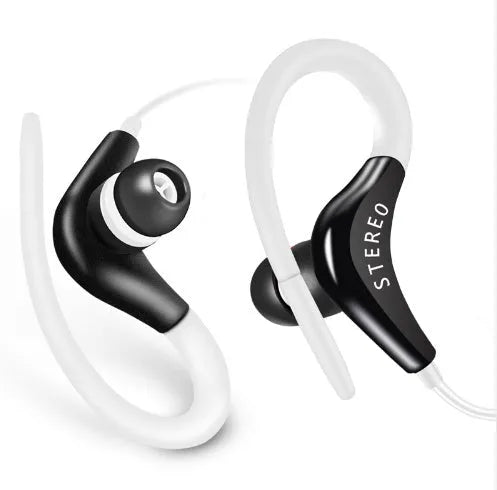 Black wired earhook sport headphones with over-ear hooks and a 3.5mm plug.