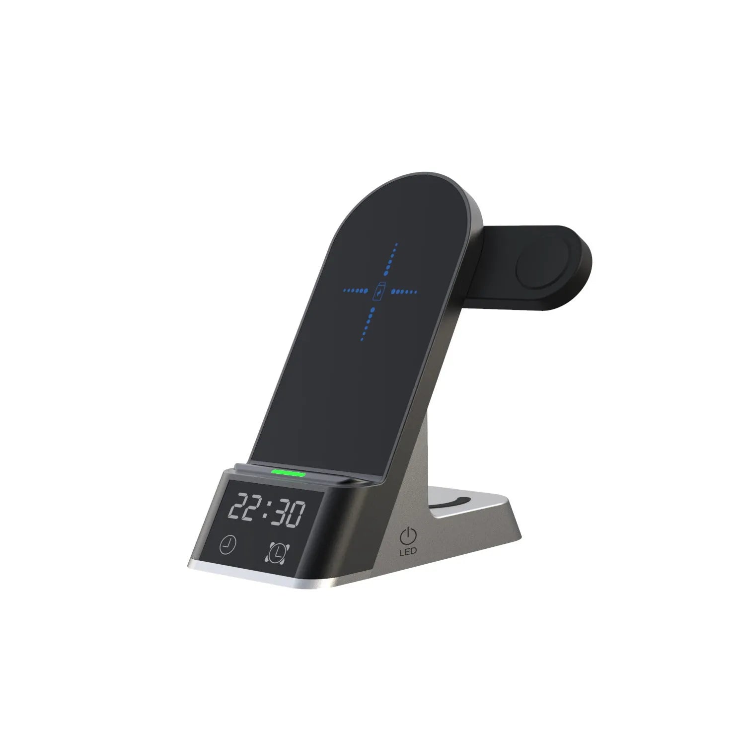 Black multifunctional alarm clock with wireless charging pad, Apple Watch dock, earbud charger and LED display